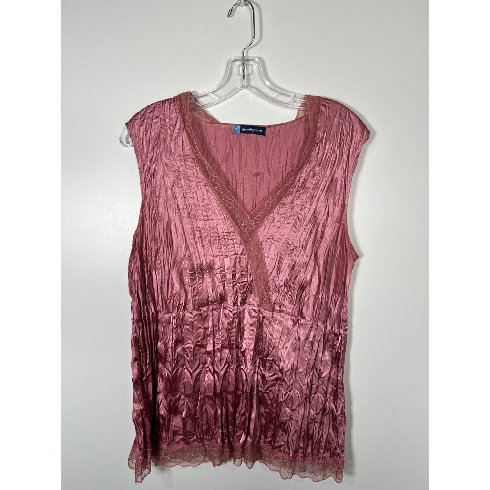 Y2K Mauve Pink Crinkle Satin‎ Lace Trim V-Neck Sleeveless Blouse Coquette 16